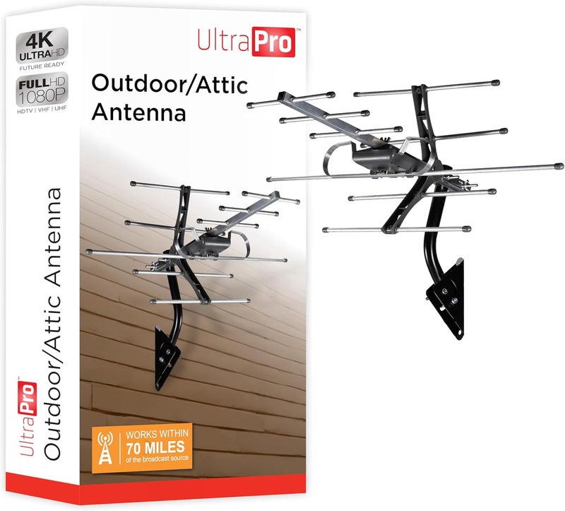 UltraPro هوائي تلفزيون ذكي رقمي عالي الدقة خارجي، مدى طويل، يدعم 4K 1080P HD VHF UHF، يشمل جبل J للسقف العلوي أو الخارجي، مقاوم للعوامل الجوية، 65000 - Image 1